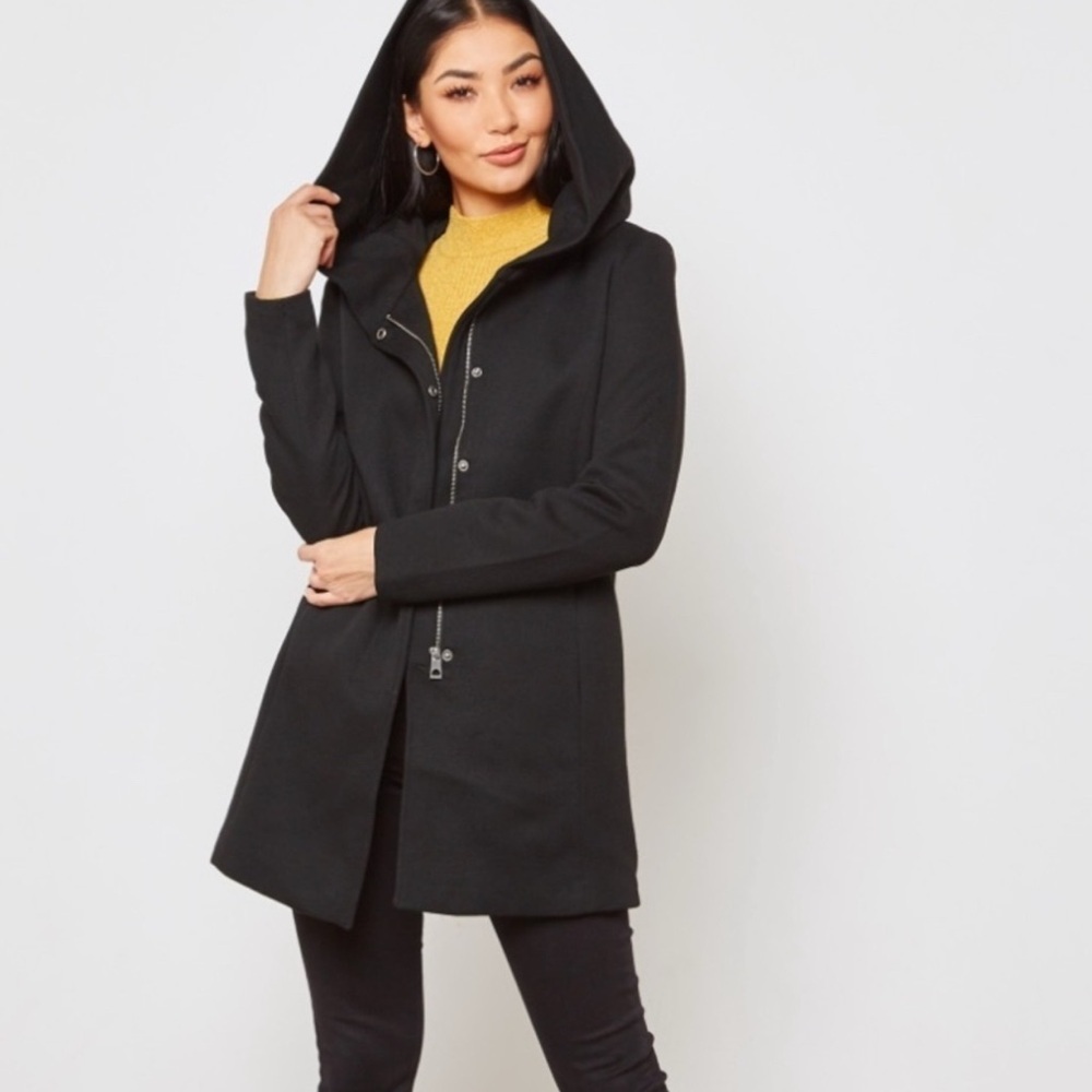 VERO MODA | Black Zipper Trench Coat High Low Hem with Hoodie